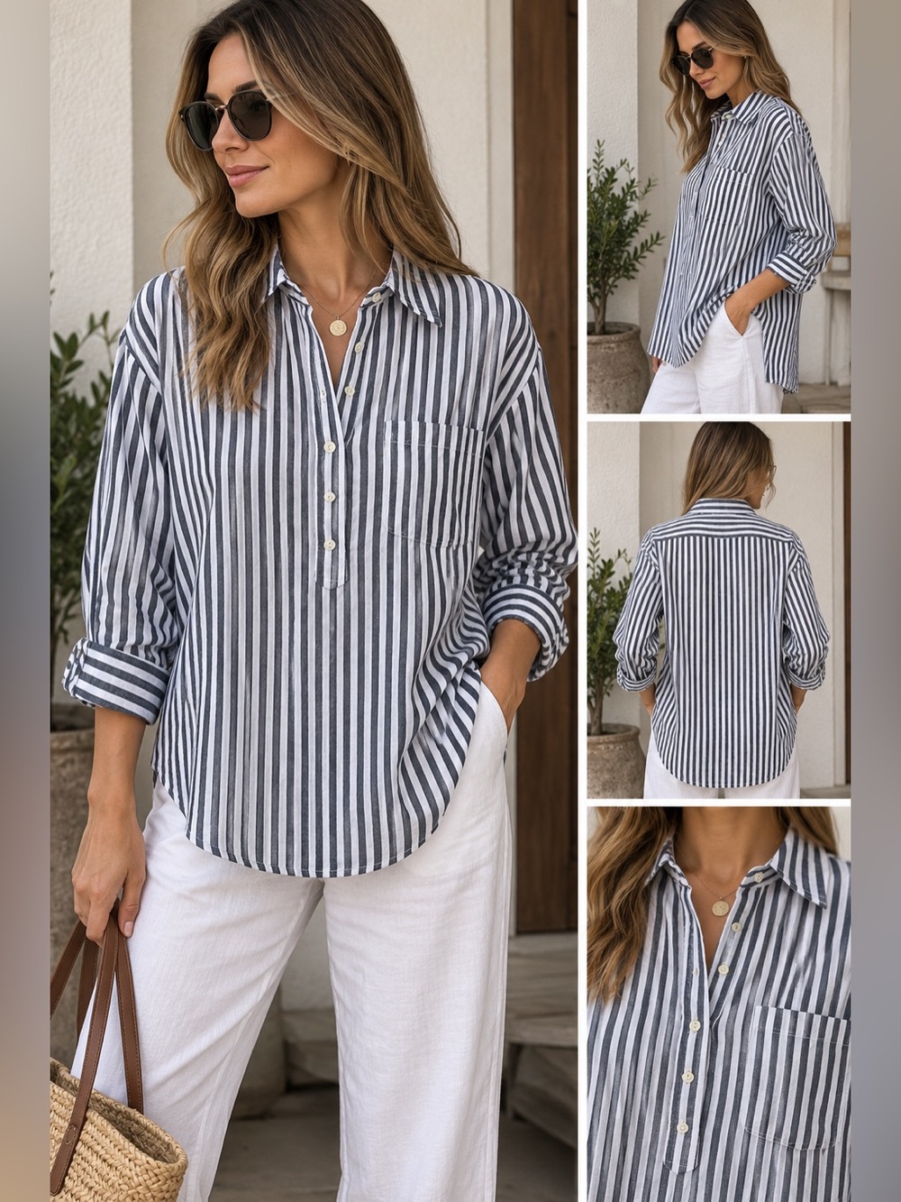 Lauren Ralph Lauren 100% Linen Striped Popover Half Button Shirt Size L